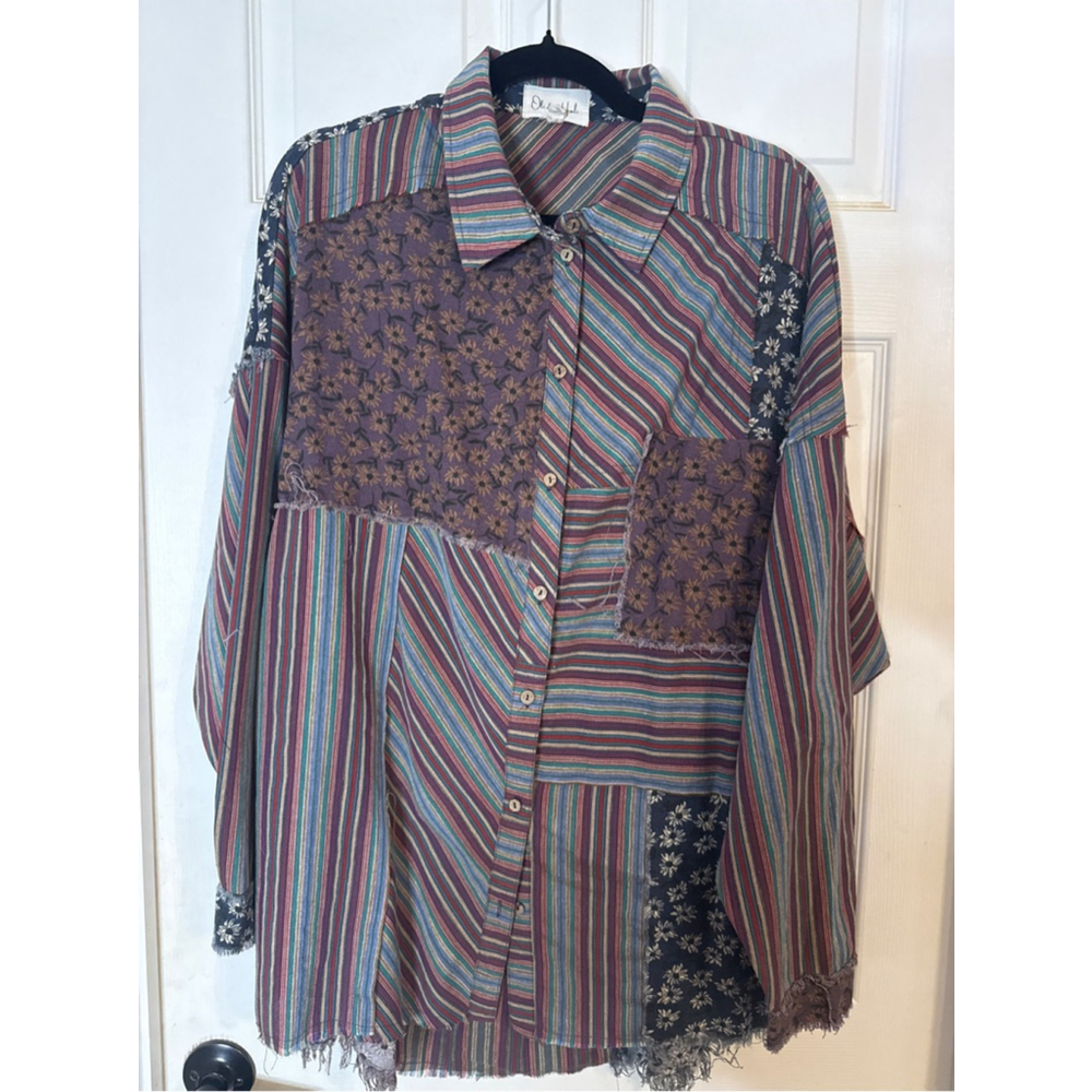 Women's Oli & Hali Patchwork Button Down Shirt M Multicolor